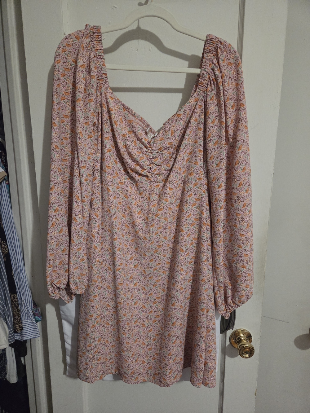 Wayf Pink Floral Long-Sleeve Ruched Front Dress
